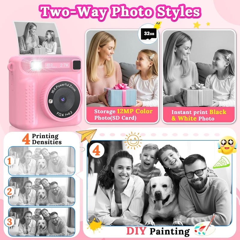 JPVERLY Kids Instant Print Camera - Christmas & Birthday Gift for Boys and Girls Ages 3-12, HD Digital Video Camera Toy with 3 Rolls Printing Paper & 32GB Card (Pink) - Image 3